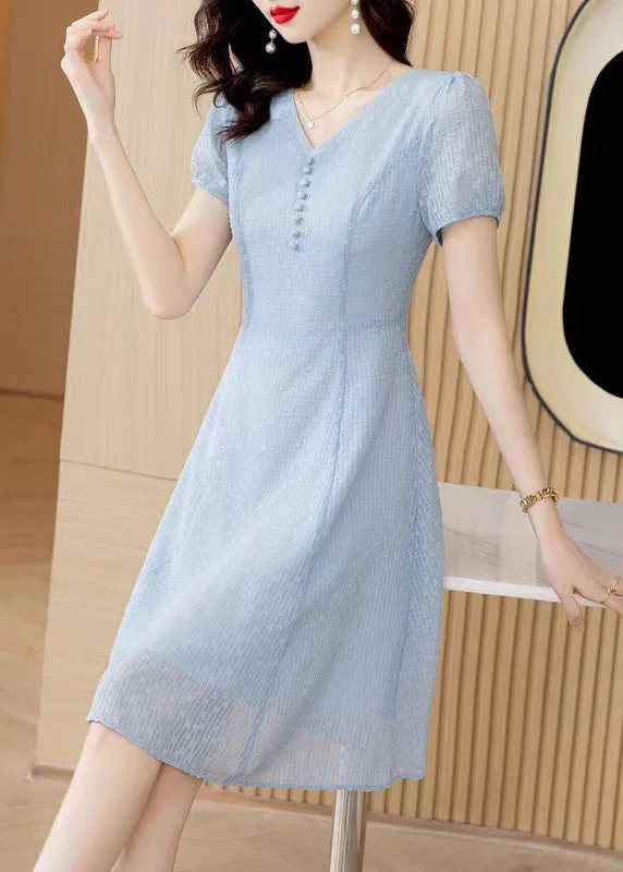 Modern Light Blue V Neck Tulle Mid Dress Short Sleeve Tulle Dress Ruffles