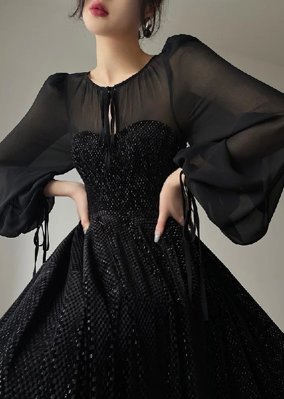 Vintage Black O-Neck Tulle Drawstring Patchwork Velour Long Dresses Long Sleeve Floor-length Tulle Dress