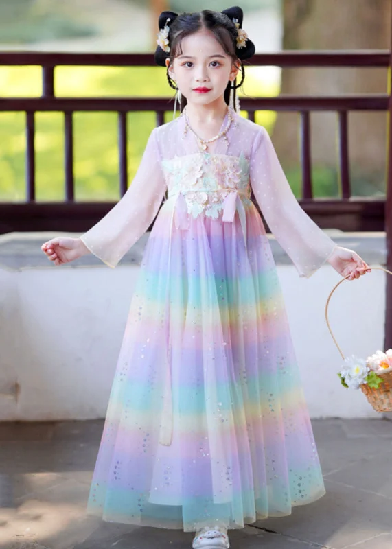 Elegant Rainbow Gradient Color Patchwork Tulle Kids Vacation Long Dresses Long Sleeve Ruffled Tulle Gown