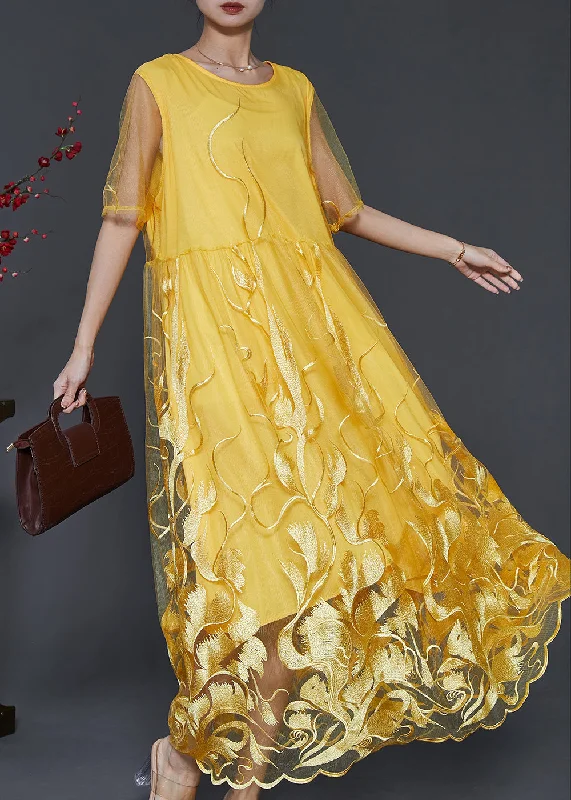 Modern Yellow Embroidered Hollow Out Tulle Dresses Summer Tulle Dress Chic