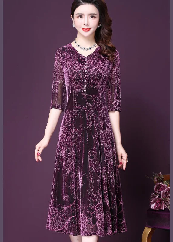 Stylish Purple O-Neck Print Button Tulle Holiday Dress Half Sleeve Full Tulle Dress