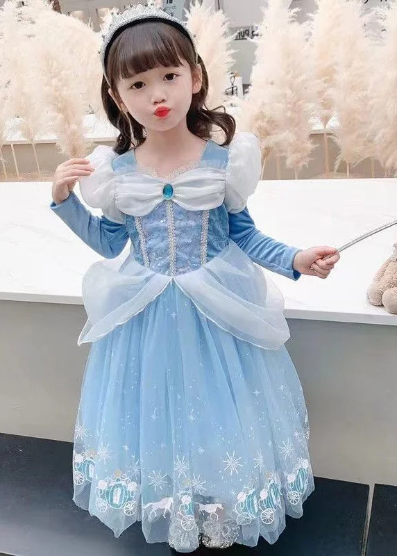 Fine Blue Wrinkled Cartoon Patchwork Tulle Kids Girls Princess Dress Fall Blue Tulle Dress