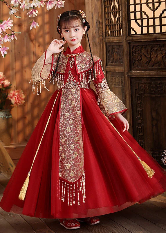 New Red Stand Collar Embroideried Tassel Tulle Kids Long Dress Fall Tulle Dress Shine