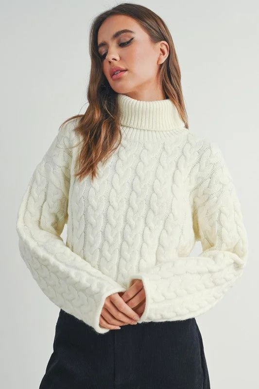 Braided Turtleneck Sweater (Ivory) Fall Knit Sweater