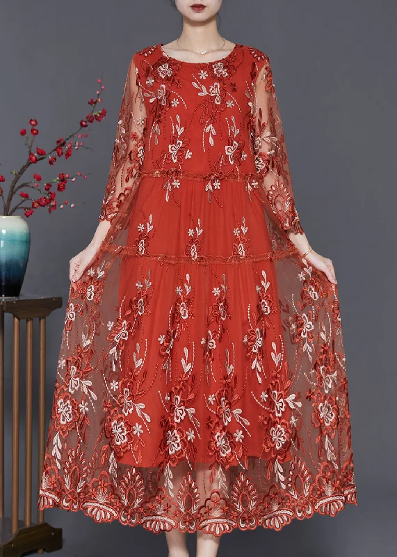 Brick Red Hollow Out Tulle Robe Dresses Embroidered Summer A-line Tulle Dress