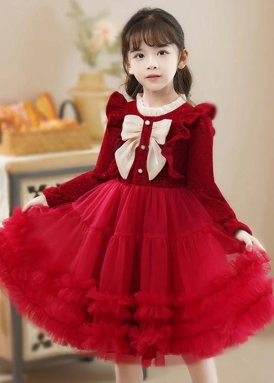 Fine Red Ruffled Patchwork Tulle Baby Girls Princess Dress Fall Formal Tulle Dress