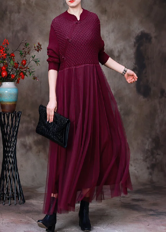 DIY Purple Stand Collar Tulle Patchwork Knit Mid Dress Long Sleeve Tulle Dress Blush