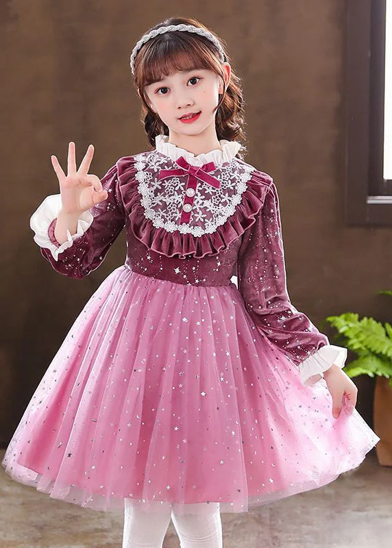 Elegant Purple Ruffled Velour Patchwork Tulle Baby Girls Dress Fall Tulle Dress Color