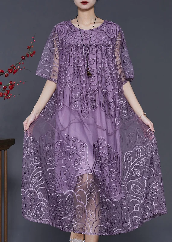 Natural Purple Embroidered Tulle Long Dresses Summer Tulle Lace Dress