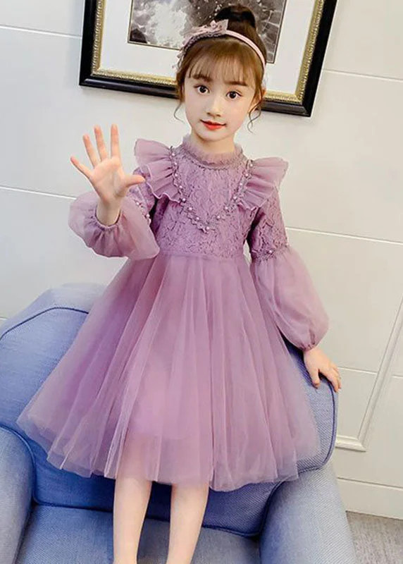 Fine Purple Ruffled Lace PatchworkNail Bead Tulle Girls Maxi Dresses Fall Elegant Tulle Dress