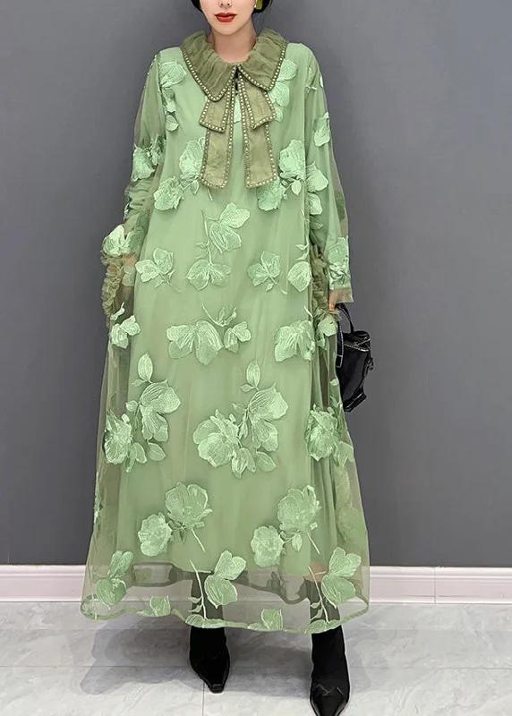 Women Green Peter Pan Collar Embroideried Patchwork Tulle Long Dresses Long Sleeve Sweet Tulle Dress