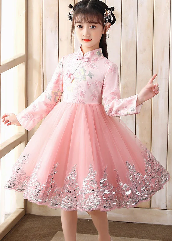 Cute Pink Embroideried Patchwork Tulle Girls Long Dress Fall Tulle Dress Flare