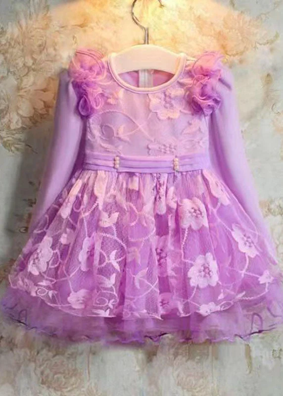 Lovely Purple Embroideried Patchwork Tulle Kids Long Dress Long Sleeve Tulle Dress Silhouette