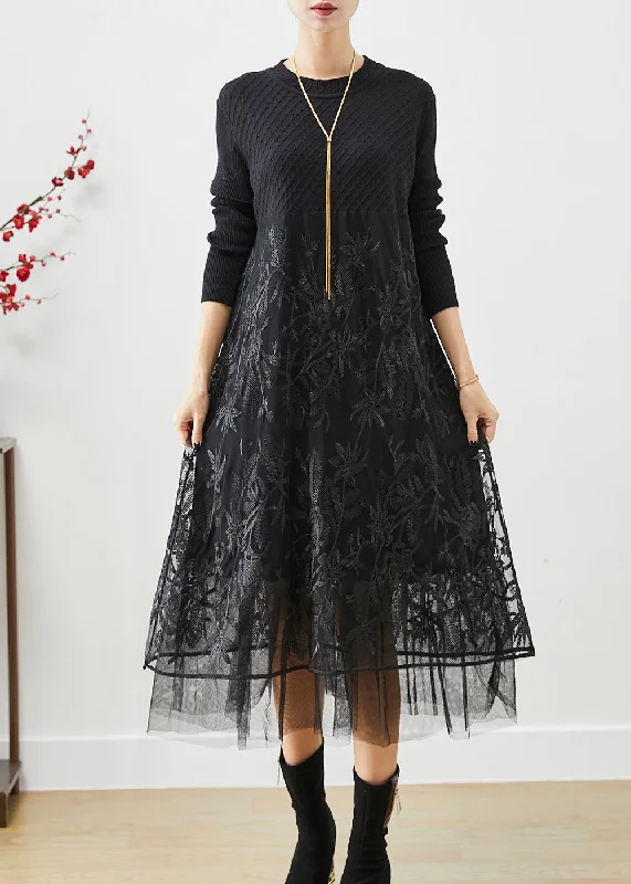 Boho Black Embroideried Tulle Patchwork Knit Long Dress Fall Ruffled Tulle Dress