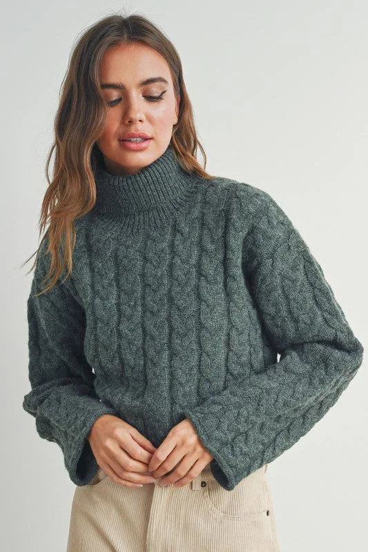 Braided Turtleneck Sweater (Dark Sage) Color Block Sweater