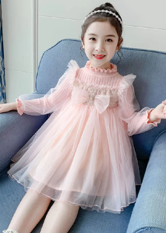 Boho Pink Stand Collar Bow Knit Patchwork Tulle Girls Vacation Maxi Dresses Fall A-line Tulle Dress