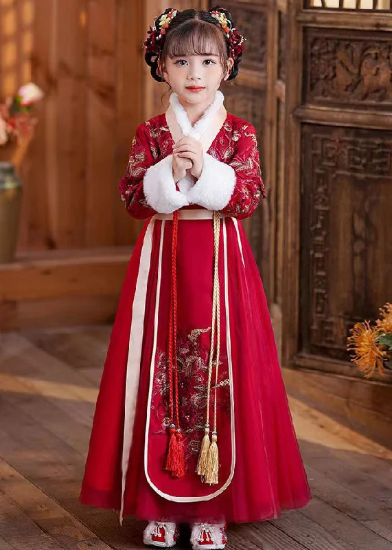 Cute Red Tie Waist Embroideried Patchwork Tulle Kids Maxi Dresses Long Sleeve Floor-length Tulle Dress