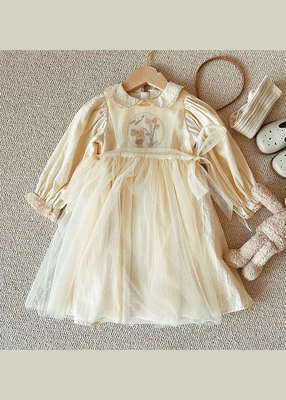 Lovely Beige Peter Pan Collar Patchwork Tulle Baby Girls Princess Dresses Fall Tulle Dress Outfit