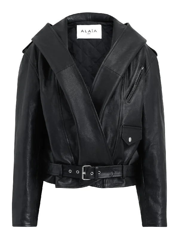 HOODED BIKER JACKET IN PATINATED NAPPA LEATHER Sporty Hoodie Sweatshirt