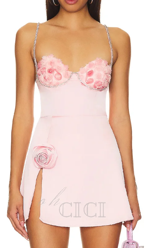 Crystal embellished trims mini dress in pink Comfortable mini dresses for everyday wear