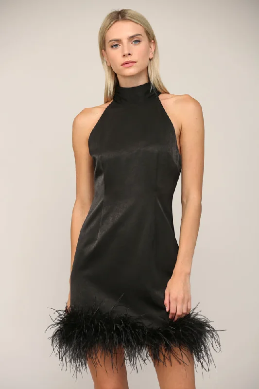 Halter Neck Feather Hem Dress Women's trendy mini dresses sale