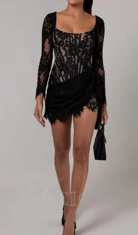 long sleeve lace corset draped mini dress in black Street style mini dresses