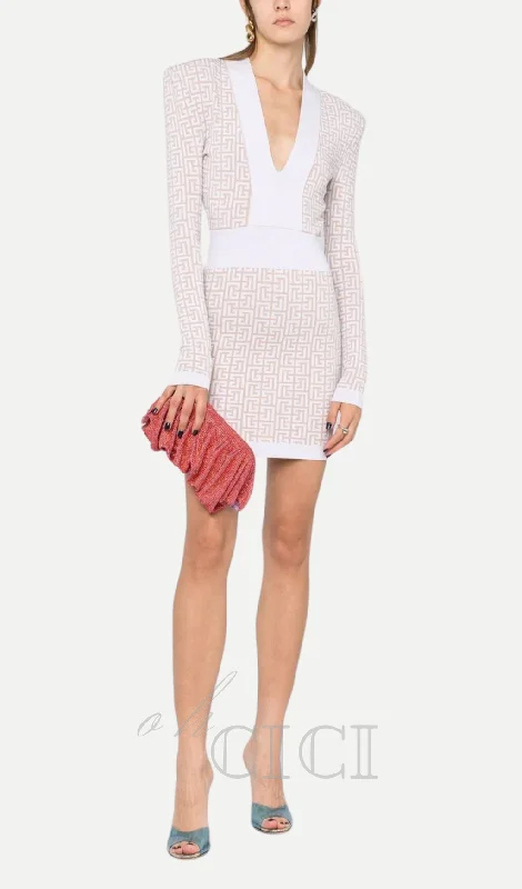 monogram-pattern long-sleeve dress in beige Sequin mini dresses