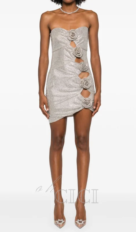 off-shoulder crystal-embellished mini dress in silver Anniversary mini dresses