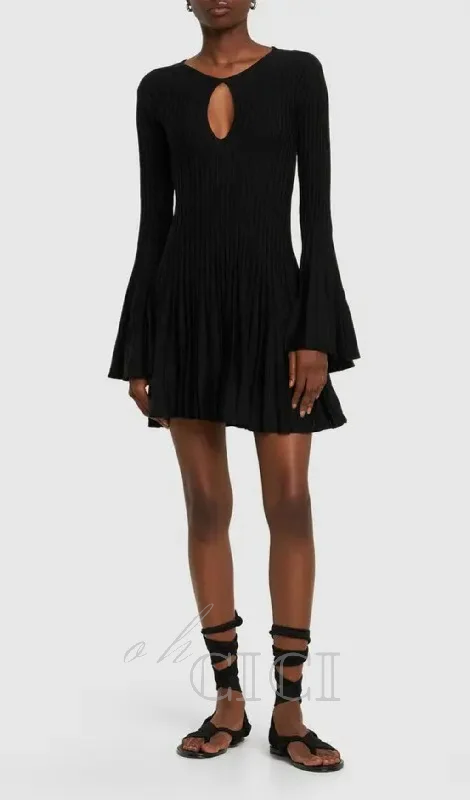 pleated wool knit long sleeve mini dress in black Strapless mini dresses