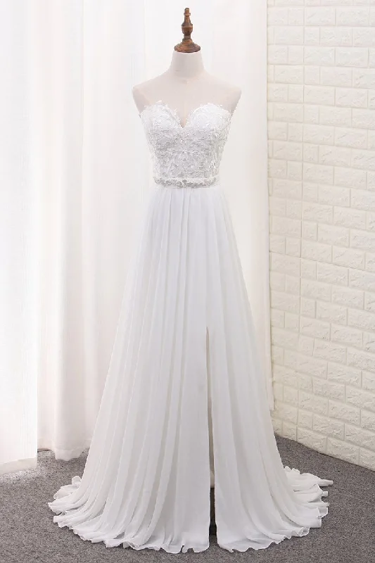 2024 A Line Chiffon Sweetheart Wedding Dresses With Applique And Slit Wedding Dress Style