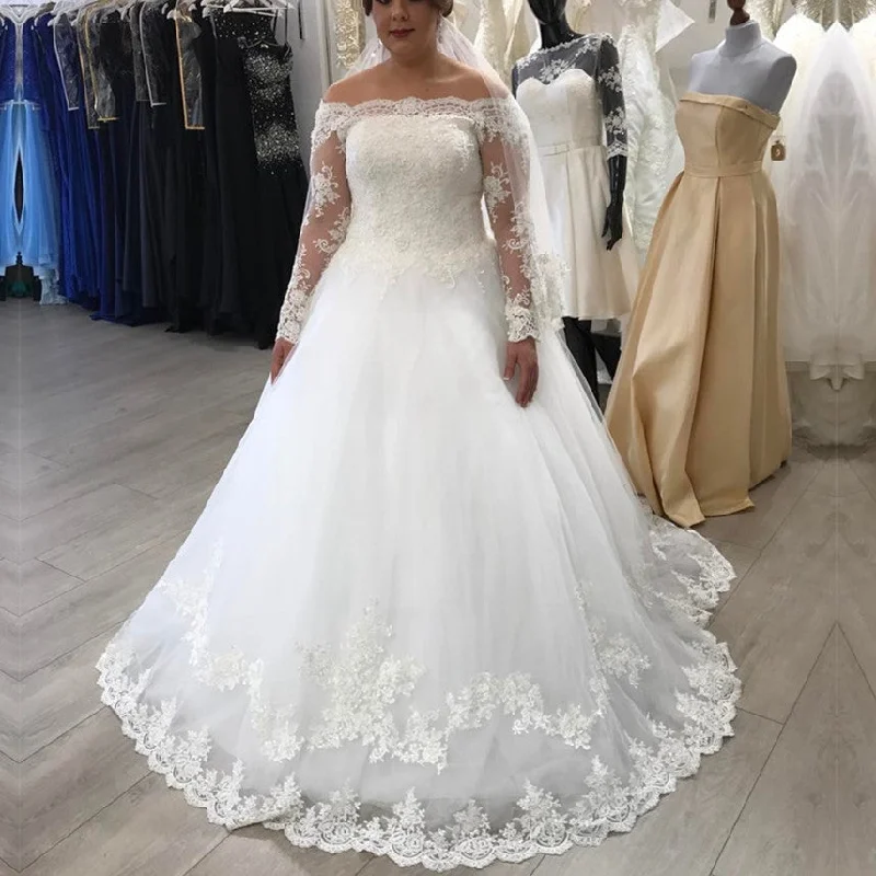 A-line Off The Shoulder Long Sleeves Lace Wedding Dresses Plus Size Lace Boho Dress