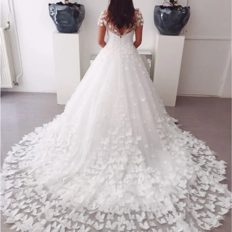 A-line Sweep Train Butterfly Wedding Dresses Lace Cap Sleeves Classic Bridal Dress