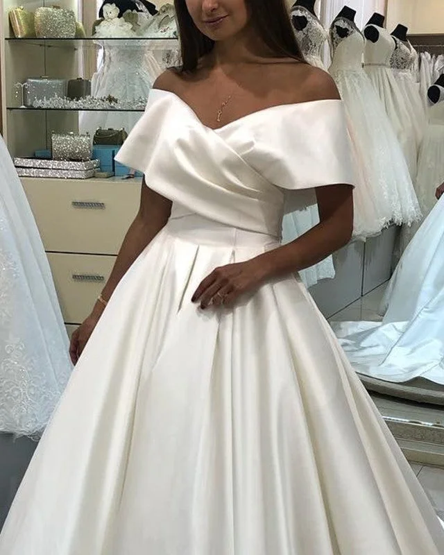 Ball Gown Wedding Dress Satin V Neck Off Shoulder Sleeveless Bridal Gown