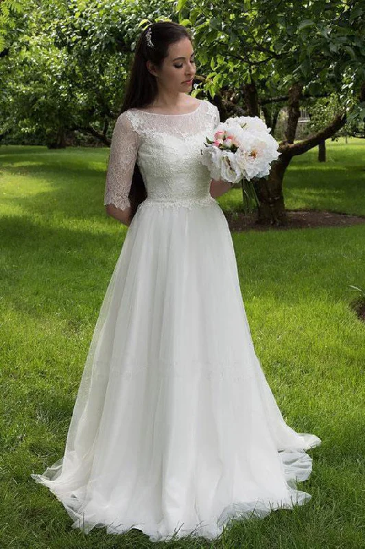 Charming Lace Round Neck Half Sleeves Wedding Dresses Modern Wedding Gown