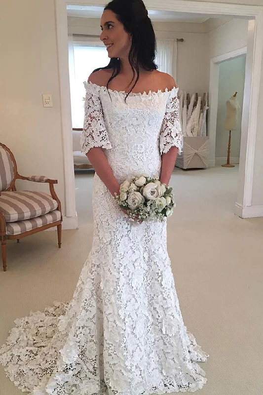 Classy Half Sleeve Off the Shoulder Lace Wedding Dresses Elegant A-line Gown