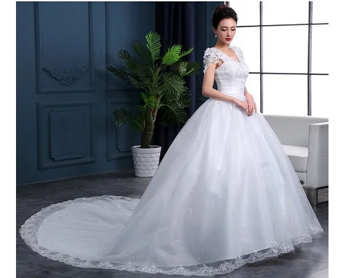 W170 (2), White Cap Sleeves Floral Trail Ball Gown, Size (XS-30 to XL-40) Satin Lace Gown