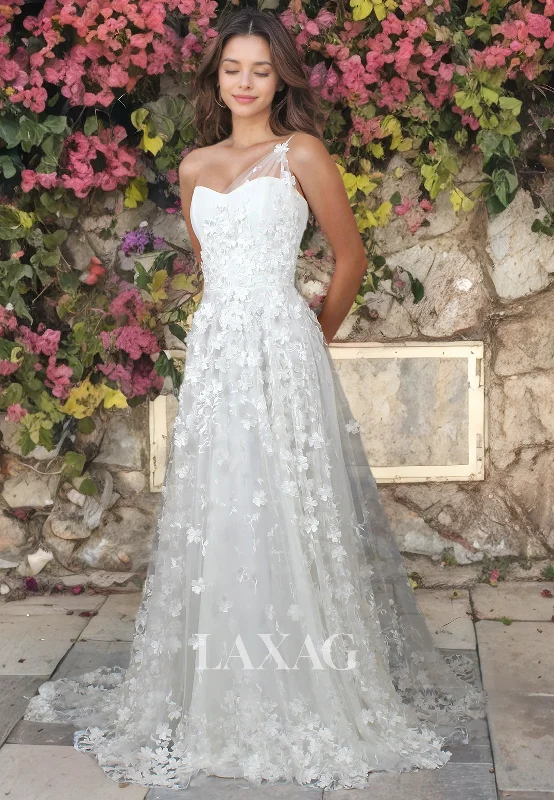 A-Line One Shoulder Appliques Tulle Sleek Satin Wedding Dress with Train Romantic Lace Dress