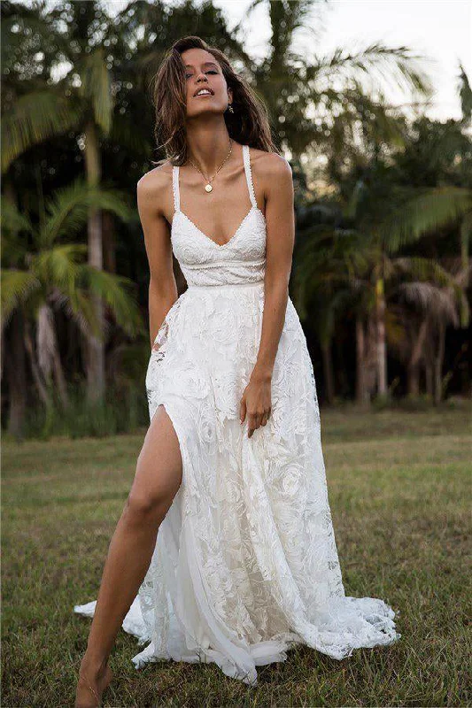 Elegant Ivory Backless Long Lace Beach Wedding Dress Off-shoulder Gown