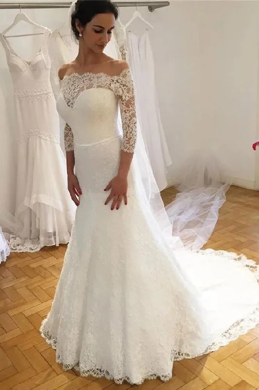 Elegant Mermaid Off the Shoulder Lace Wedding Dress With 3/4 Sleeves Bridal Dress N2524 Empire Waist Dress