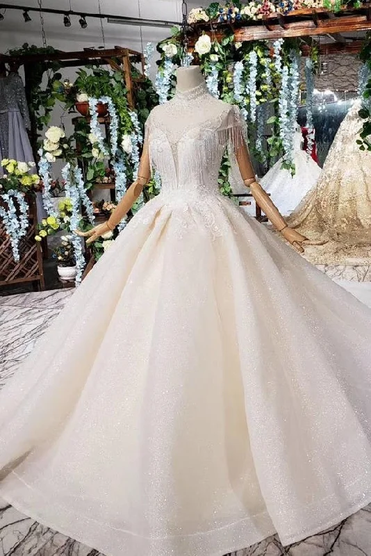 Elegant Ivory Vintage Long Beading Lace Wedding Dress Bridal Dress Ball Gown Elegant A-line Gown