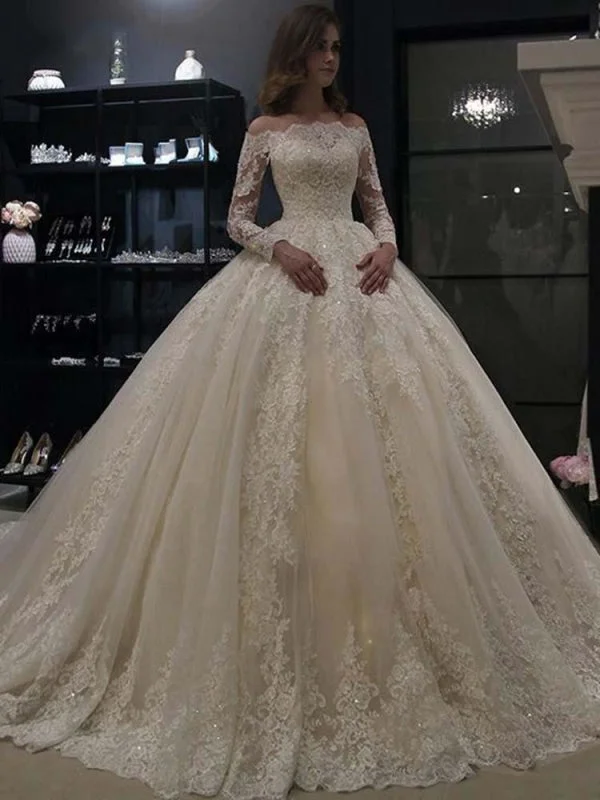 Gorgeous Long Sleeves Lace Ball Gown Wedding Dresses Off-shoulder Bridal Gown