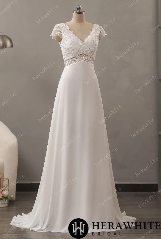 Illusion Floral Lace Wedding Dress with Chiffon Skirt Romantic Wedding Dress