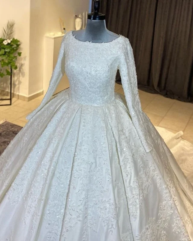 Modest Applique Satin Wedding Dress Long Sleeve Ruffle Wedding Gown