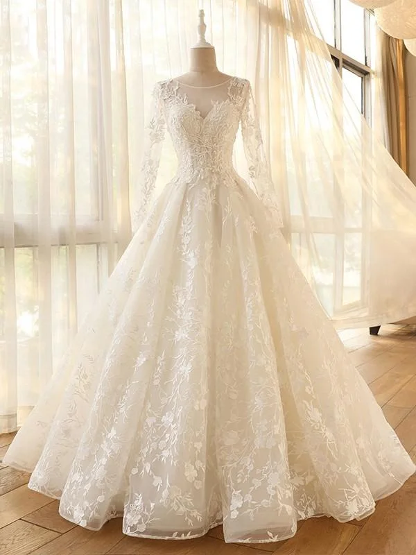 Pretty A Line Long Sleeves Floor Length Lace Applique Tulle Long Wedding Dresses, MD444 Ruffled Wedding Dress