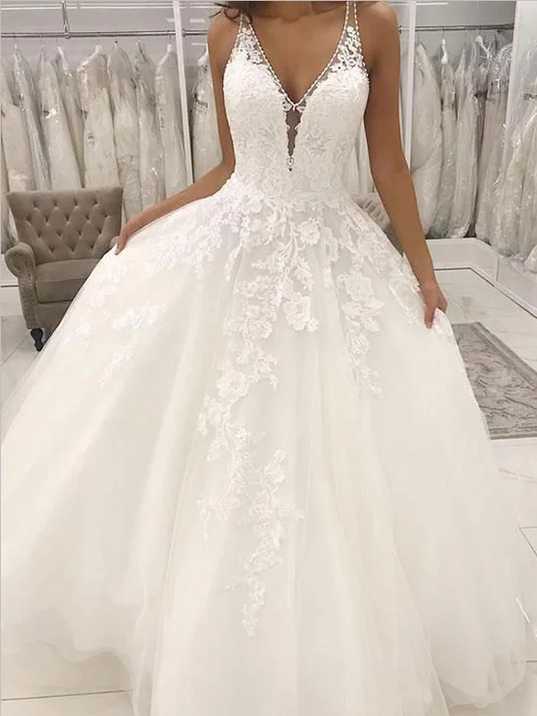 Pretty Spaghetti Straps V Neck A Line Lace Applique Long Wedding Dresses, MD437 Beautiful Bridal Gown