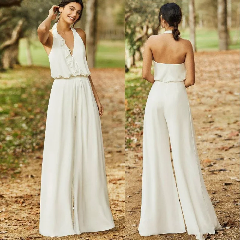 Rustic Halter Wedding Jumpsuit Lace Sleeveless Dress