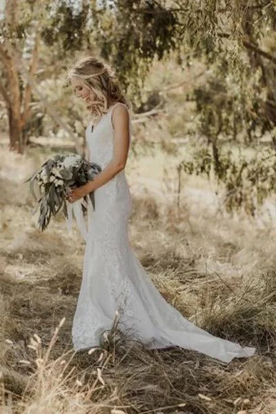 Sexy Mermaid Lace Beach Wedding Dress, Boho Backless Long Wedding Gown N2595 Elegant Bridal Gown