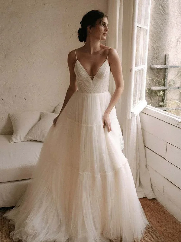 Simple A-line Wedding Dresses, Popular Bridal Gowns, V-neck Tulle Bridal Wedding Dresses Formal Wedding Dress