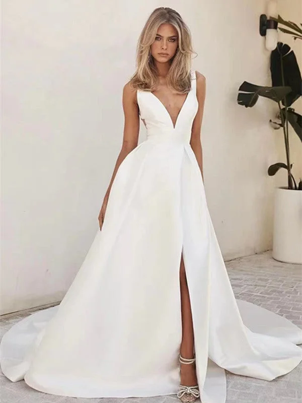 Simple V-neck Wedding Dresses, Newest 2023 Wedding Dresses, A-line Popular Bridal Gowns Satin Wedding Dress