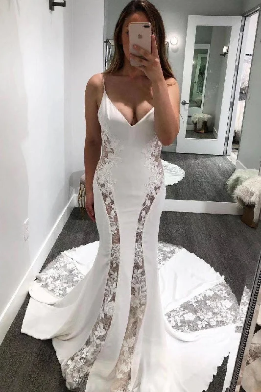 Spaghetti Straps See Through Mermaid V-neck Lace Wedding Dress Bridal Gowns Y0045 Beaded Lace Wedding